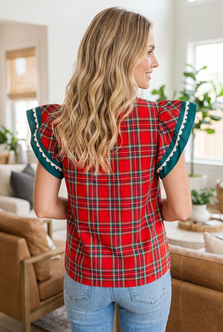 Red Plaid V Neck Short Sleeve Shift Blouse