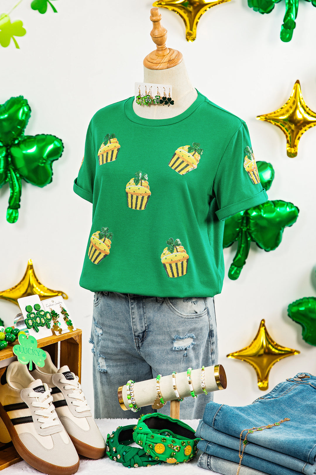 Bright Green St Patricks Day Sequin Cupcake Graphic T Shirt
