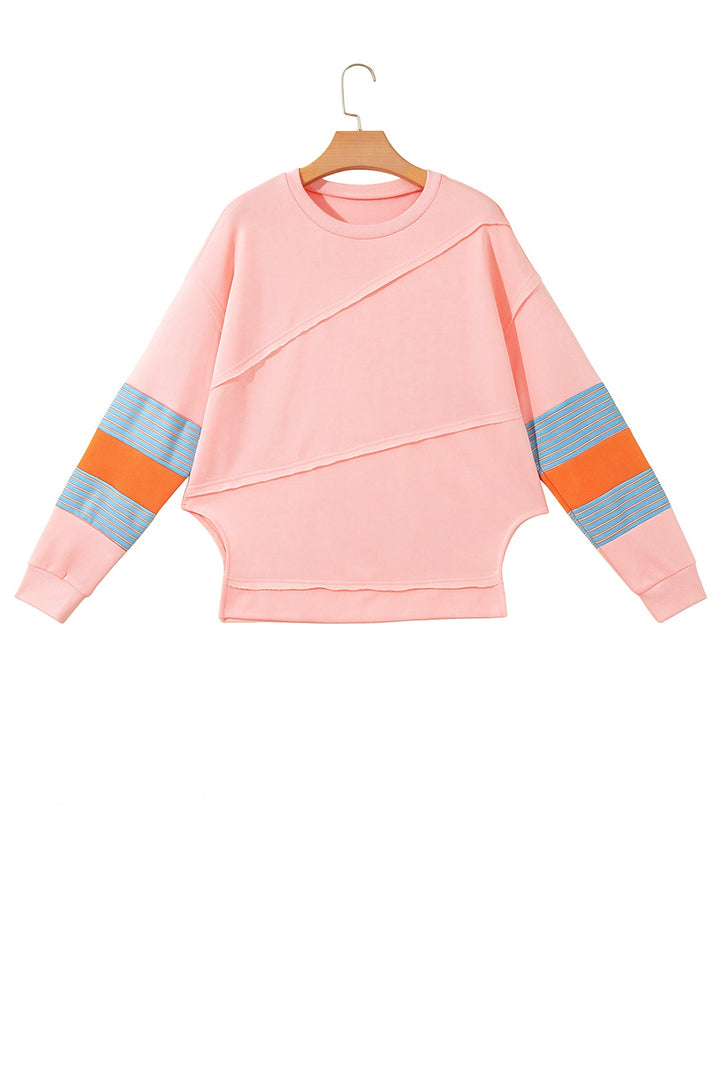 Pink Colorblock Striped Patchwork Long Sleeve Round Neck Blouse