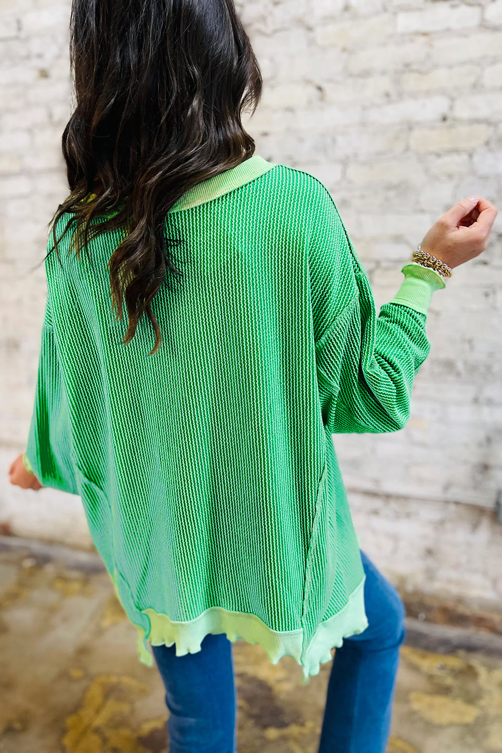 Bright Green Twisted Rib Uneven Hem Drop Shoulder Loose Knit Top