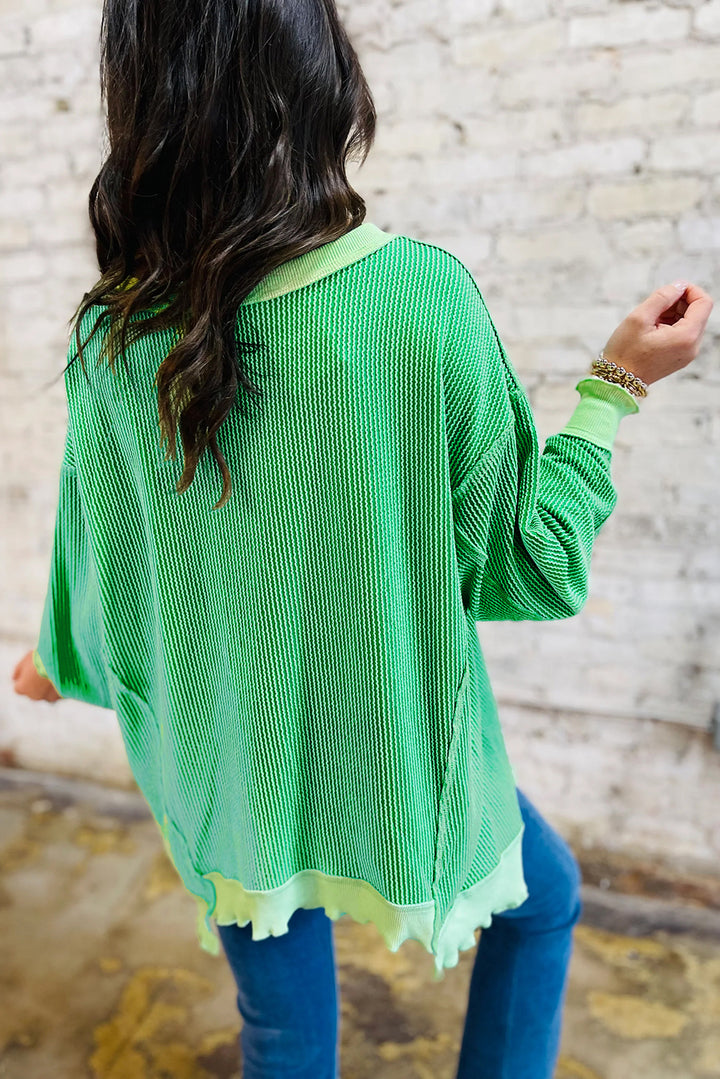 Bright Green Twisted Rib Uneven Hem Drop Shoulder Loose Knit Top