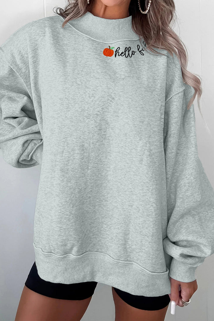 Gray hello fall Embroidered Pumpkin Detail Mock Neck Sweatshirt