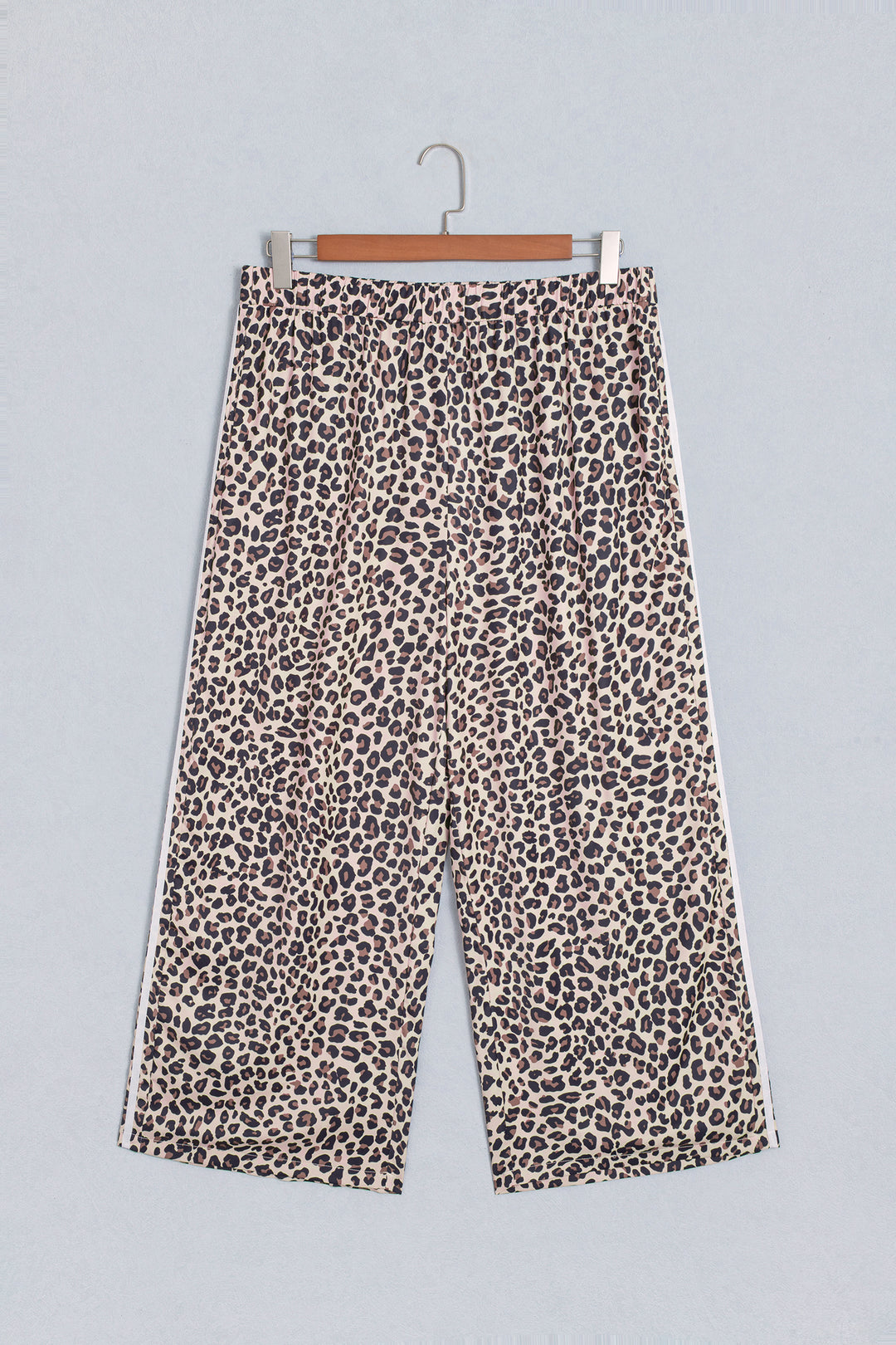 Beige Plus Size Leopard Print Side Stripes Detail Casual Pants