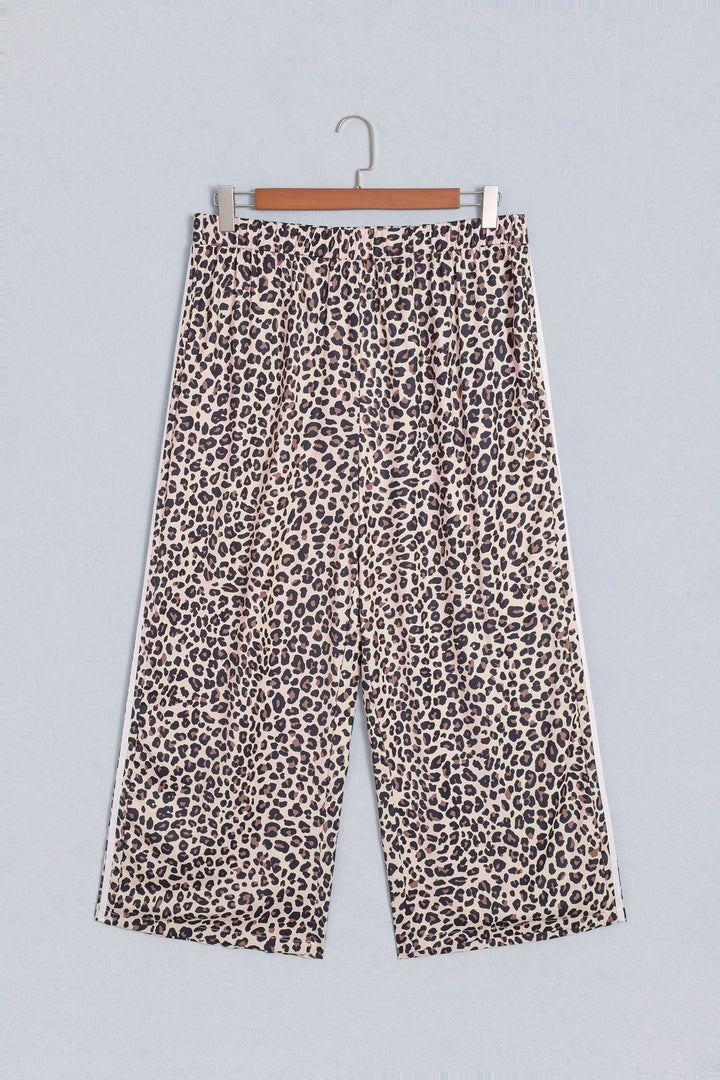 Beige Plus Size Leopard Print Side Stripes Detail Casual Pants