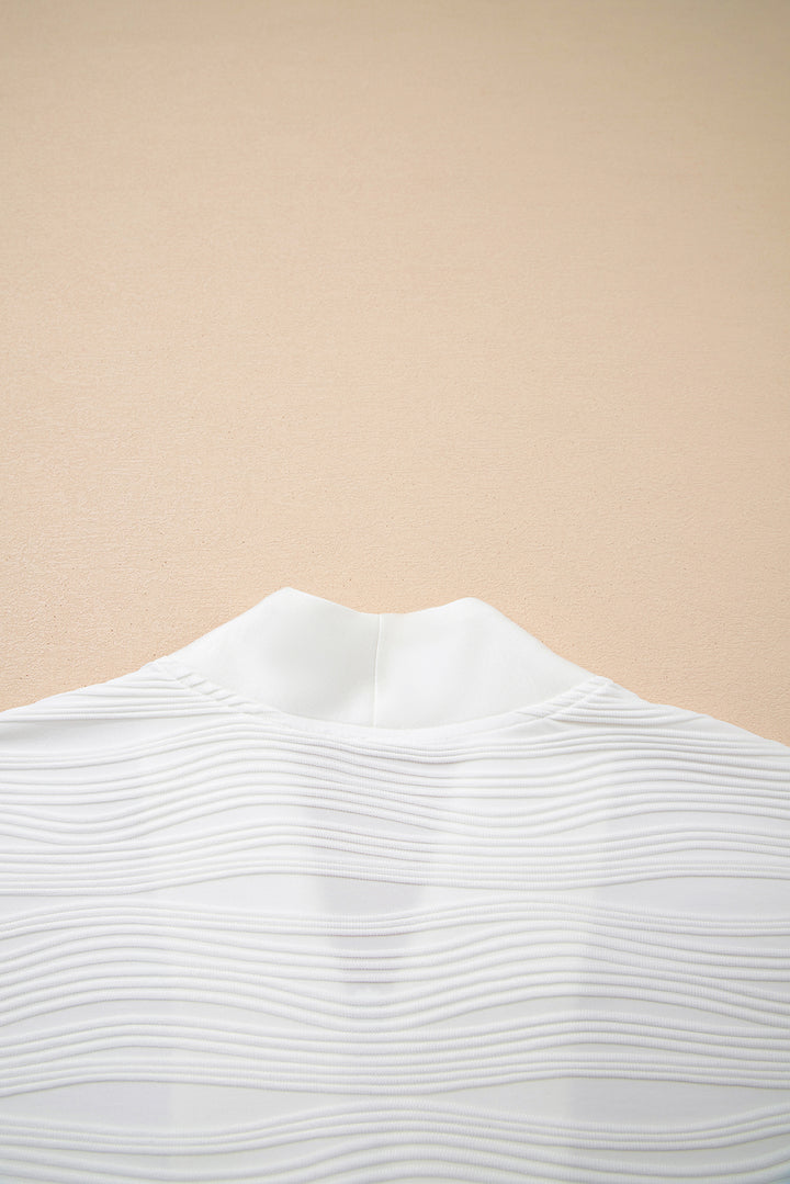 White Solid Color Textured Zip V Neck Pullover Sweatshirt