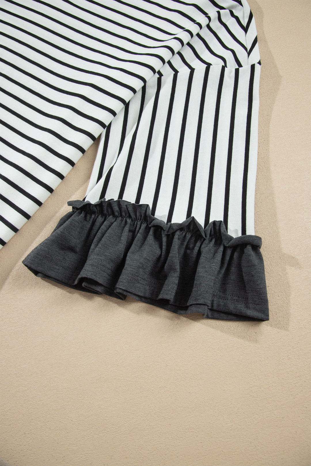 Gray Stripe V Neck Ruffle Contrast Sleeve Top Drawstring Pants 2pcs Set