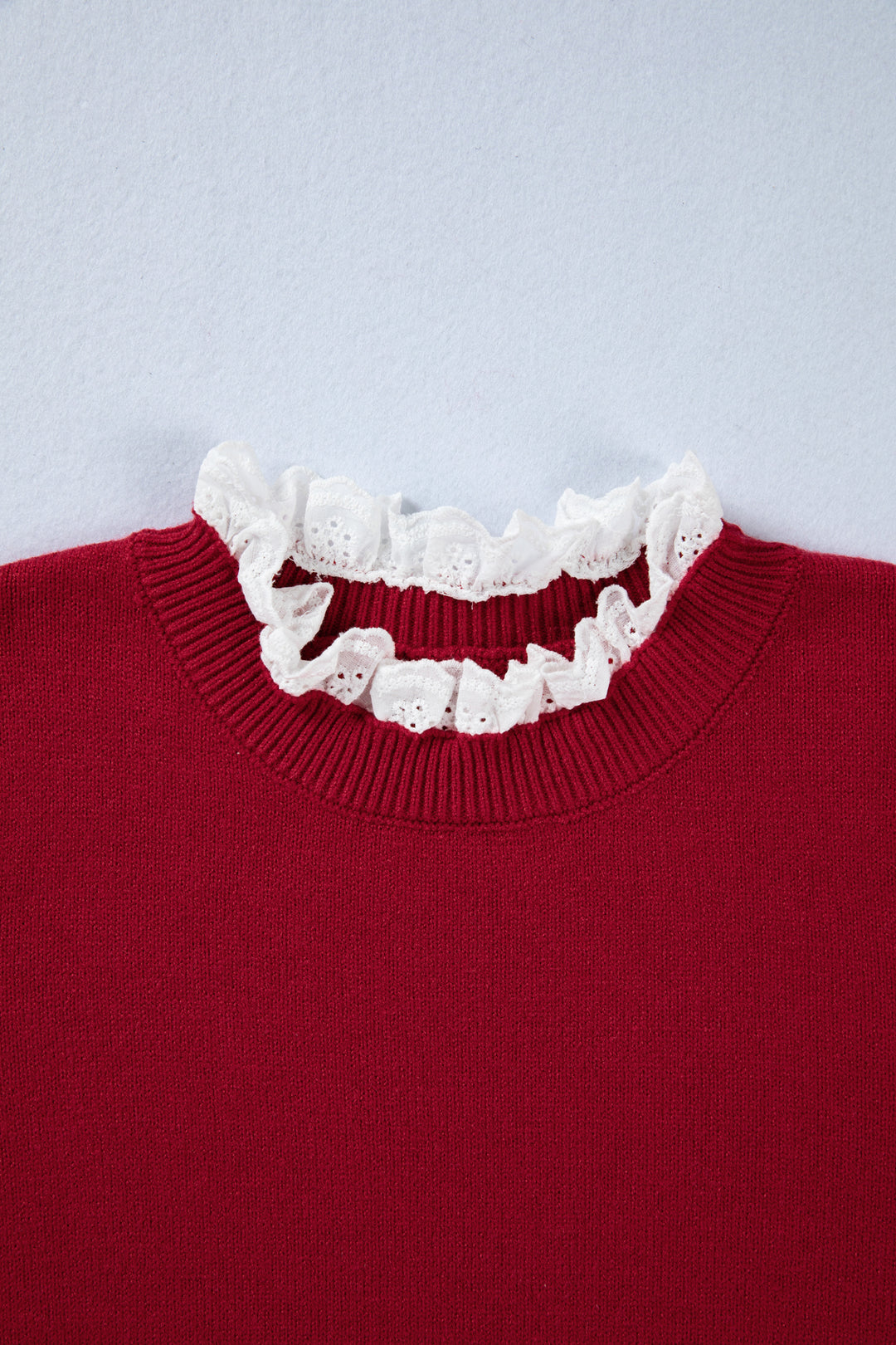Racing Red Lace Trim Patchwork Buttoned Cuffs Loose Sweater