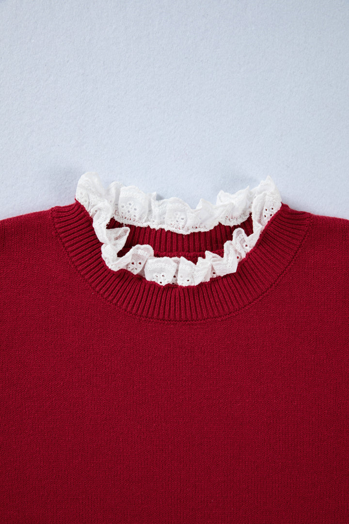 Racing Red Lace Trim Patchwork Buttoned Cuffs Loose Sweater