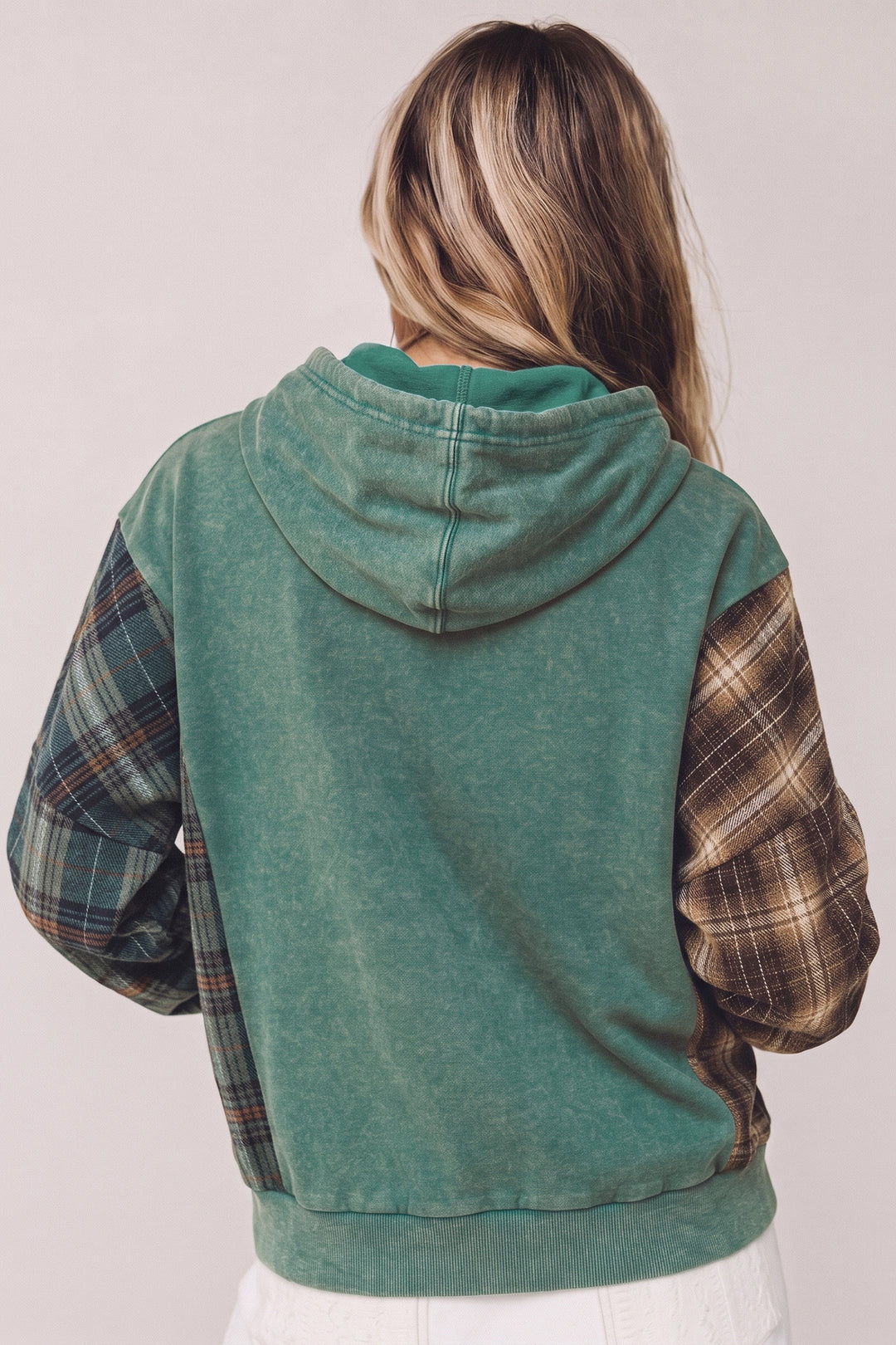 Smoke Green Plaid Colorblock Hoodie