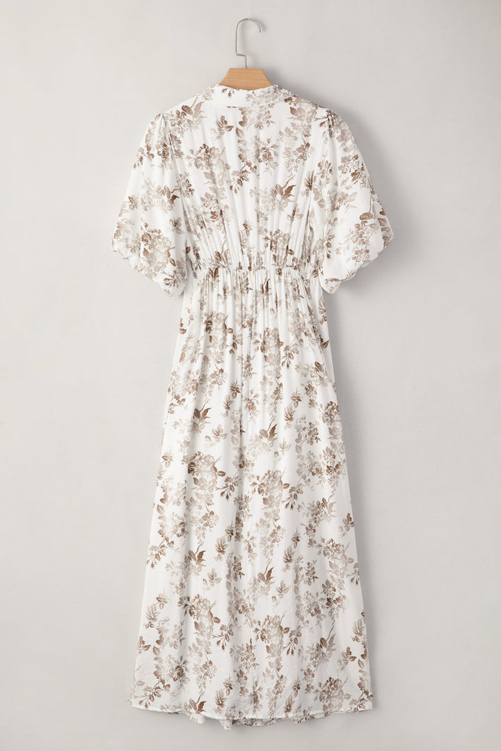 Iliana Floral Puff Sleeve V Neck Buttoned Front Maxi Dress