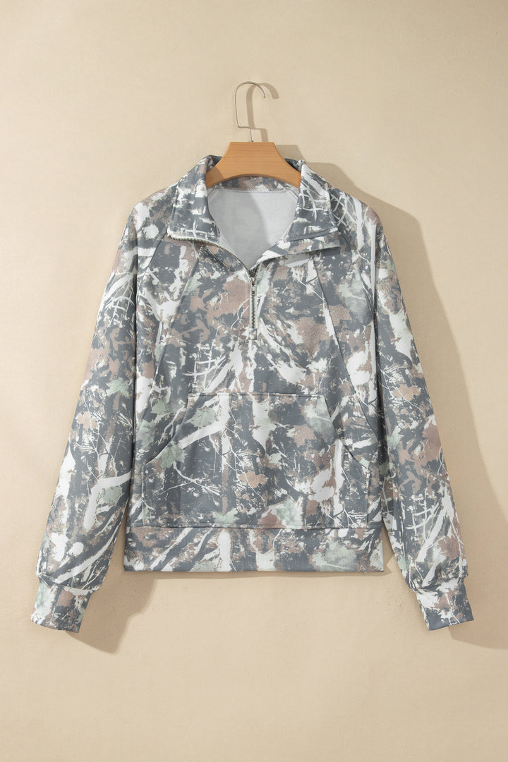 Multicolour Abstract Print Quarter Zip Kangaroo Pocket Sweatshirt