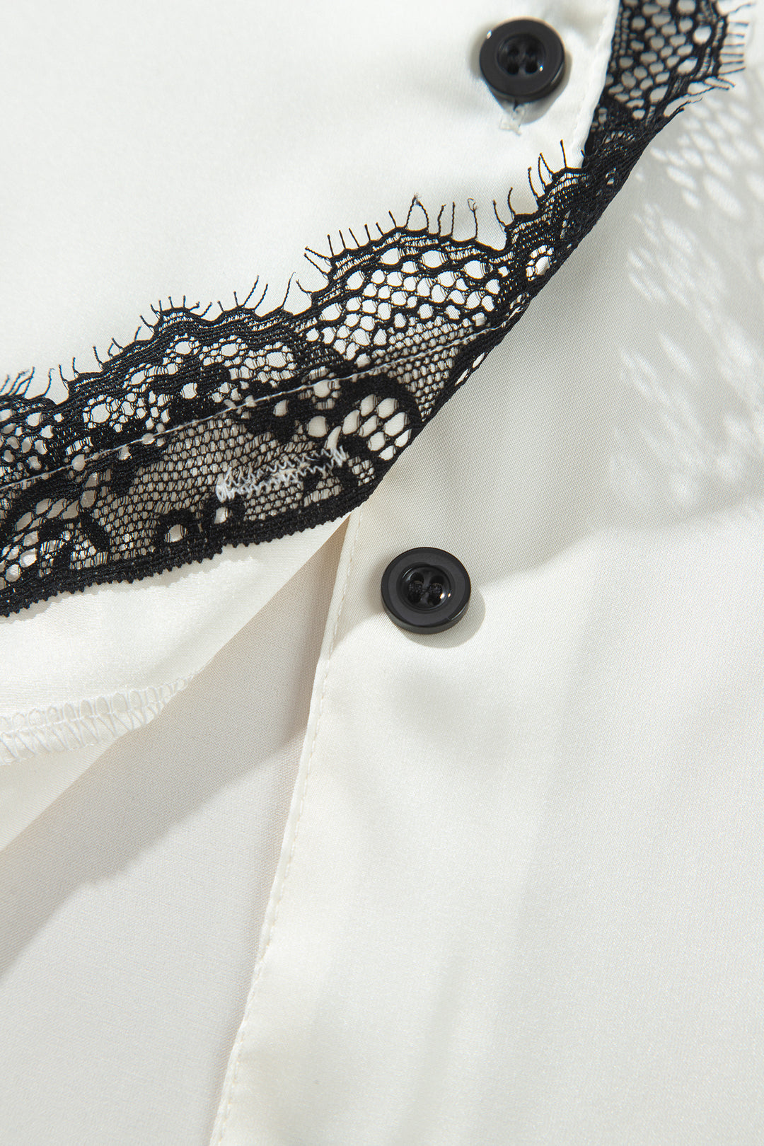 White Long Sleeve Lace Trim Button Front 2pcs Pajama Set