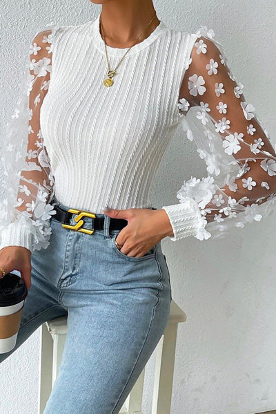 White Floral Applique Mesh Sleeves Textured Knit Blouse