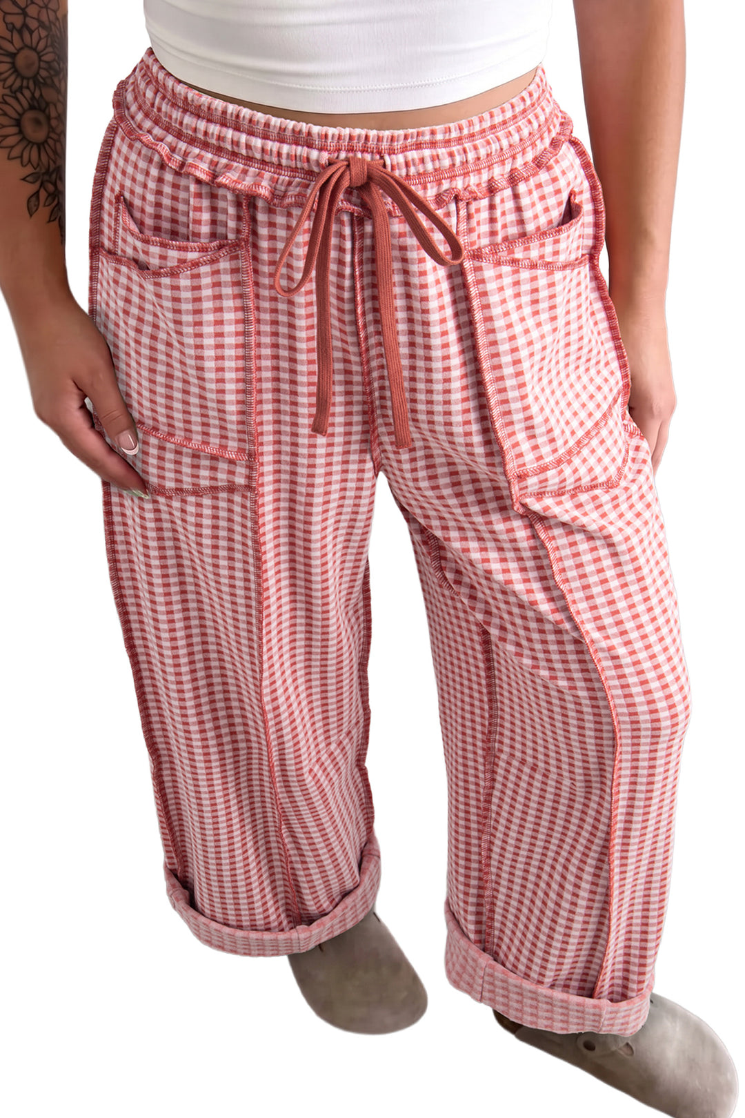 Green Plaid Contrast Trim Drawstring Elastic Waist Shift Pants