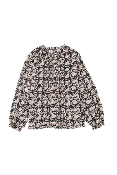 Black Floral Print Split Neck Pleated Puff Sleeve Blouse