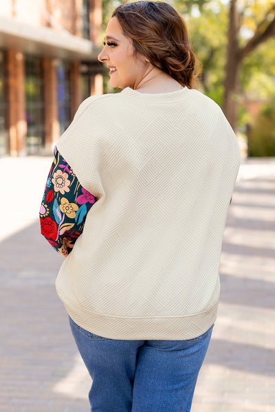 White Floral Patchwork Sleeve Textured Plus Size Pullover Top