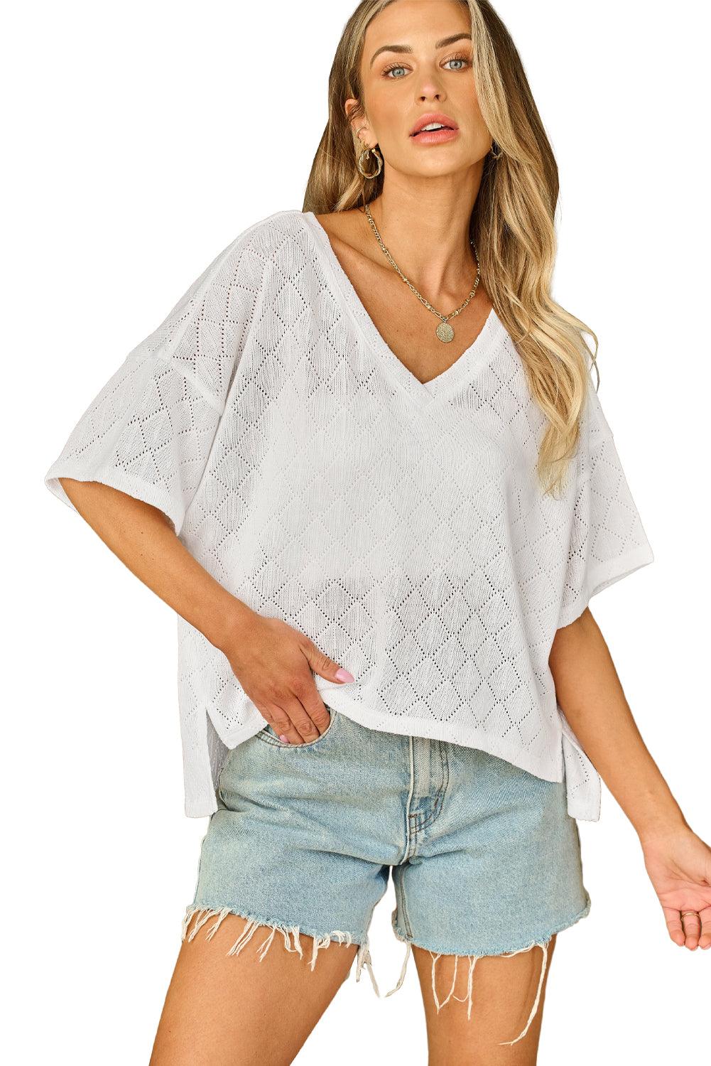 White V Neck Knitted Flowy Blouse