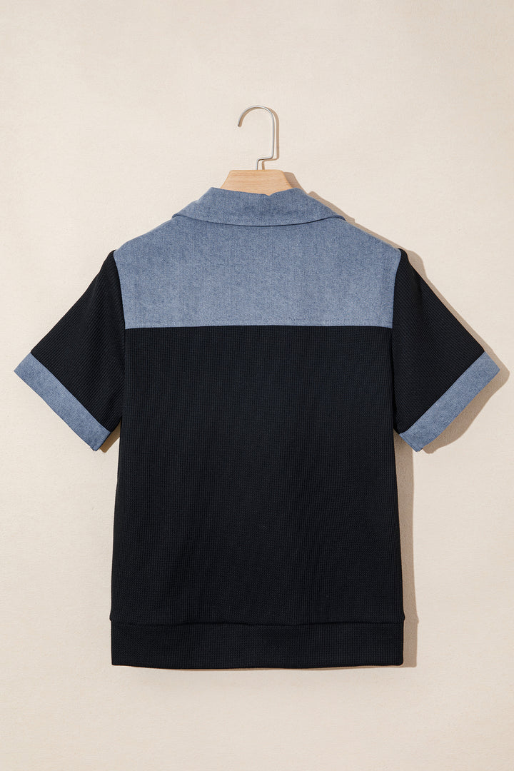 Black Waffle Knit Denim Color Block Patchwork Button Flap Polo Top