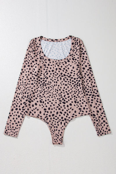 Smoke Gray Leopard Print Long Sleeve Scoop Neck Slim Fit Bodysuit