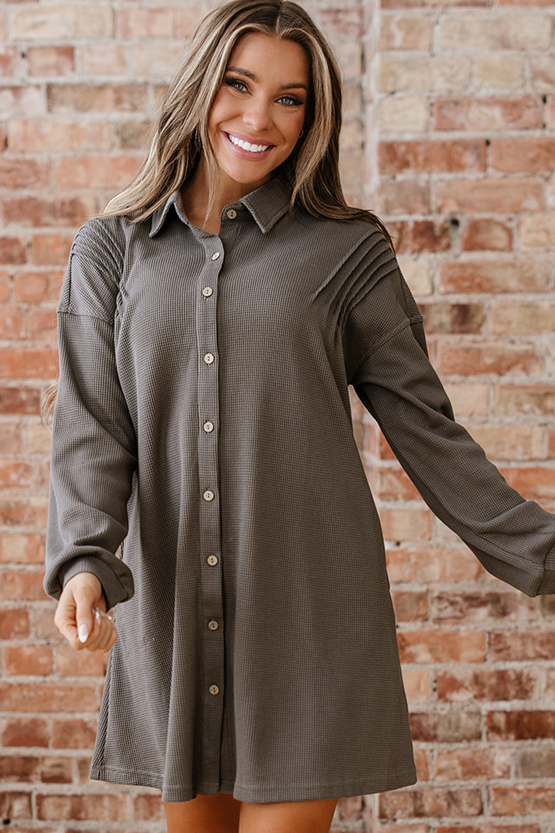 Simply Taupe Waffle Knit Shirt Tunic Dress