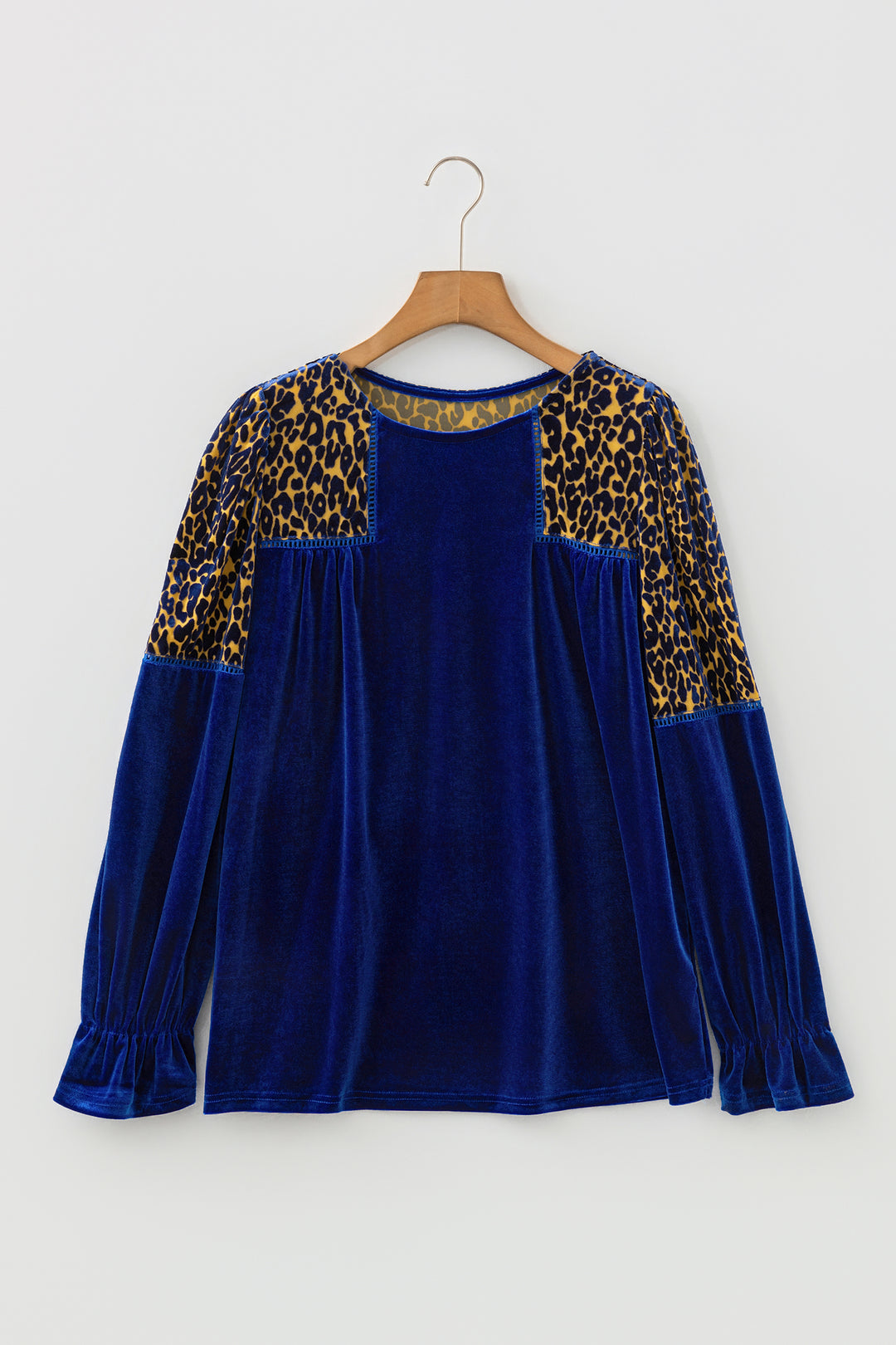 Sky Blue Leopard Patchwork Shoulder Flounce Sleeve Velvet Blouse