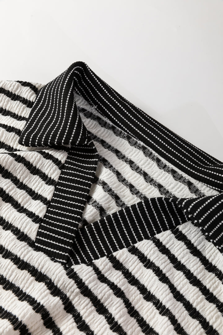 White Stripe Collared Pullover Top and Drawstring Pant Set