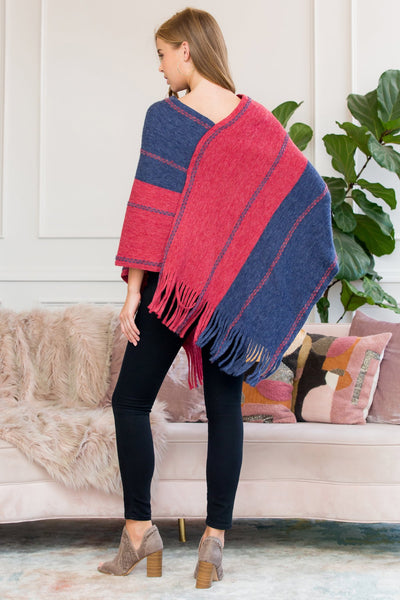 Hdf3007rdbl - Red Blue Two Tone Chain Print Fringe Poncho