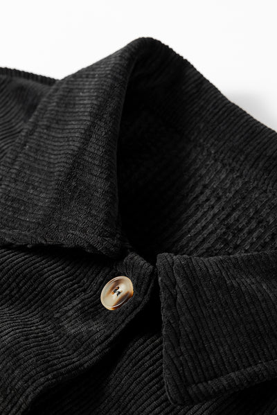 Black Corduroy Flap Pocket Button Up Shacket