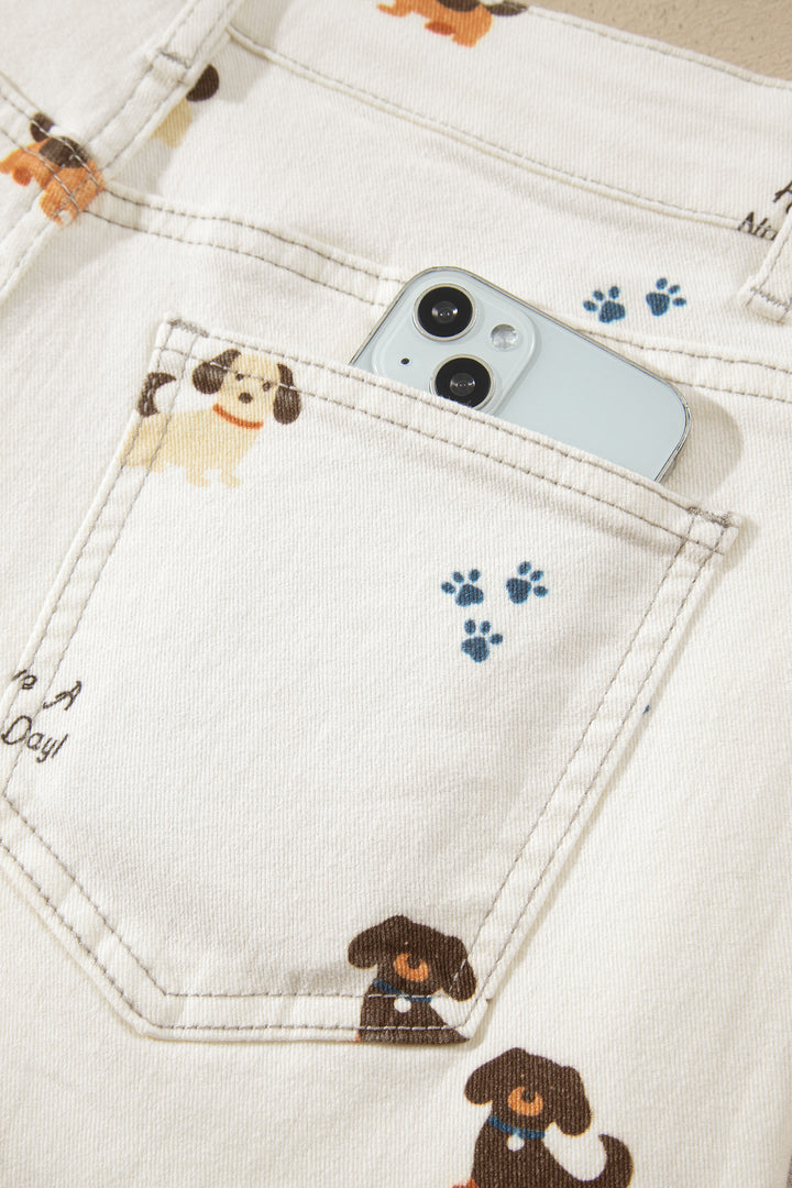 White Abstract Dog Print Wide Leg Full-Length Jeans