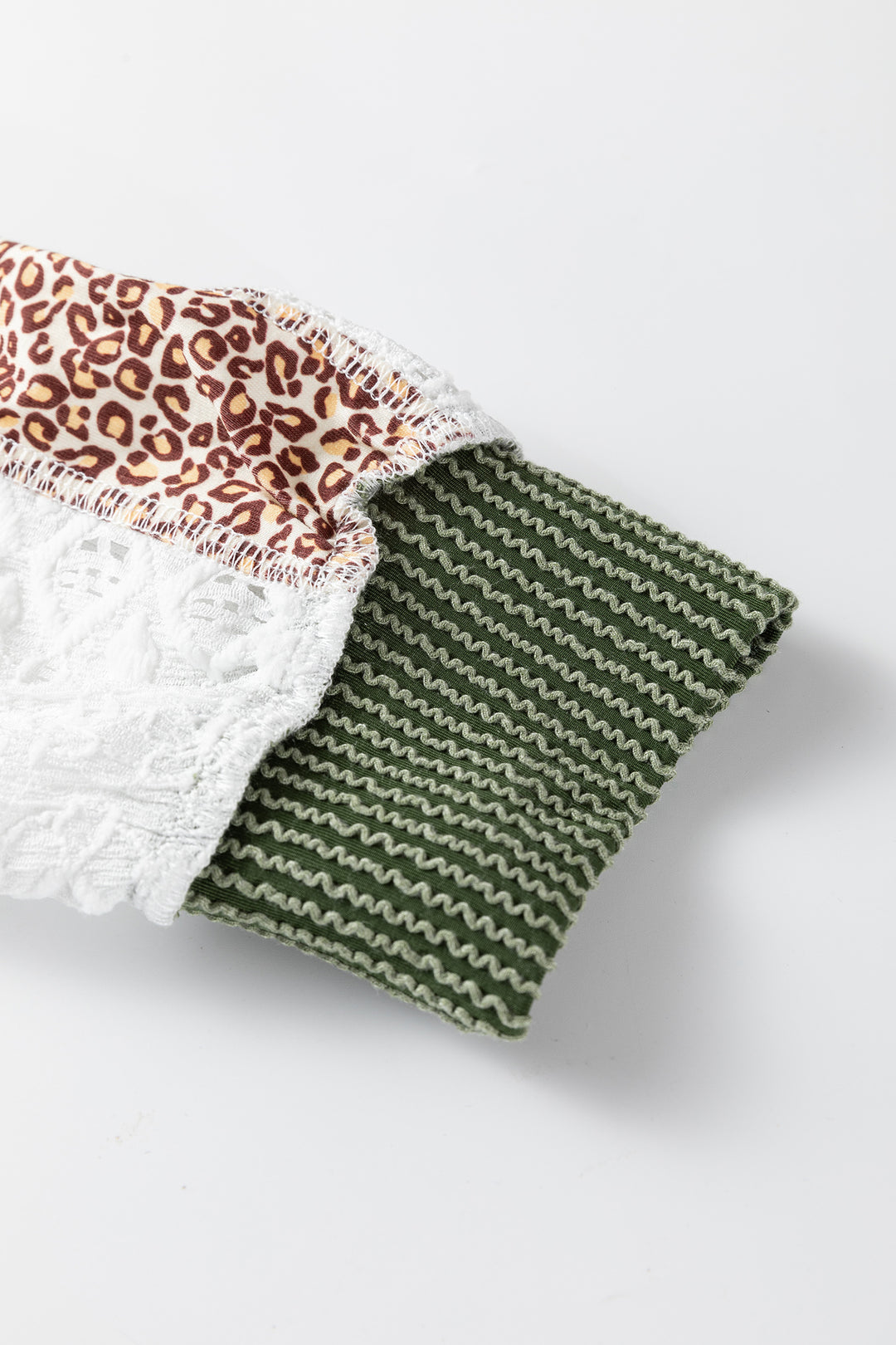 Vineyard Green Twisted Ribbed Leopard Lace Contrast Patchwork Long Sleeve Top