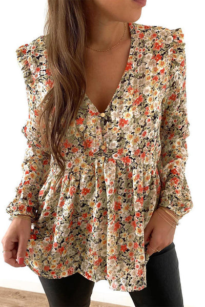 Khaki V Neck Ruffled Babydoll Floral Blouse