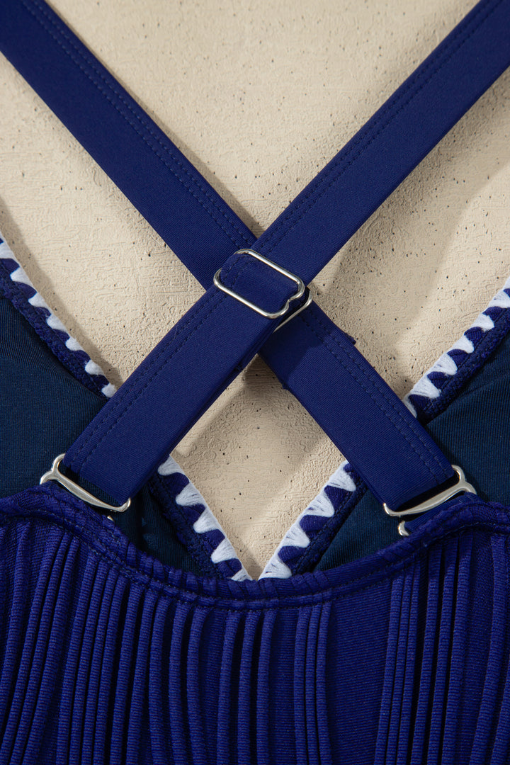 Dark Blue Shell Stitched Trim V Neck Textured Mix and Match High Waist Bikinis