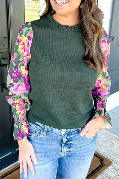 Mist Green Ribbed Frill Neck Floral Print Long Sleeve Top