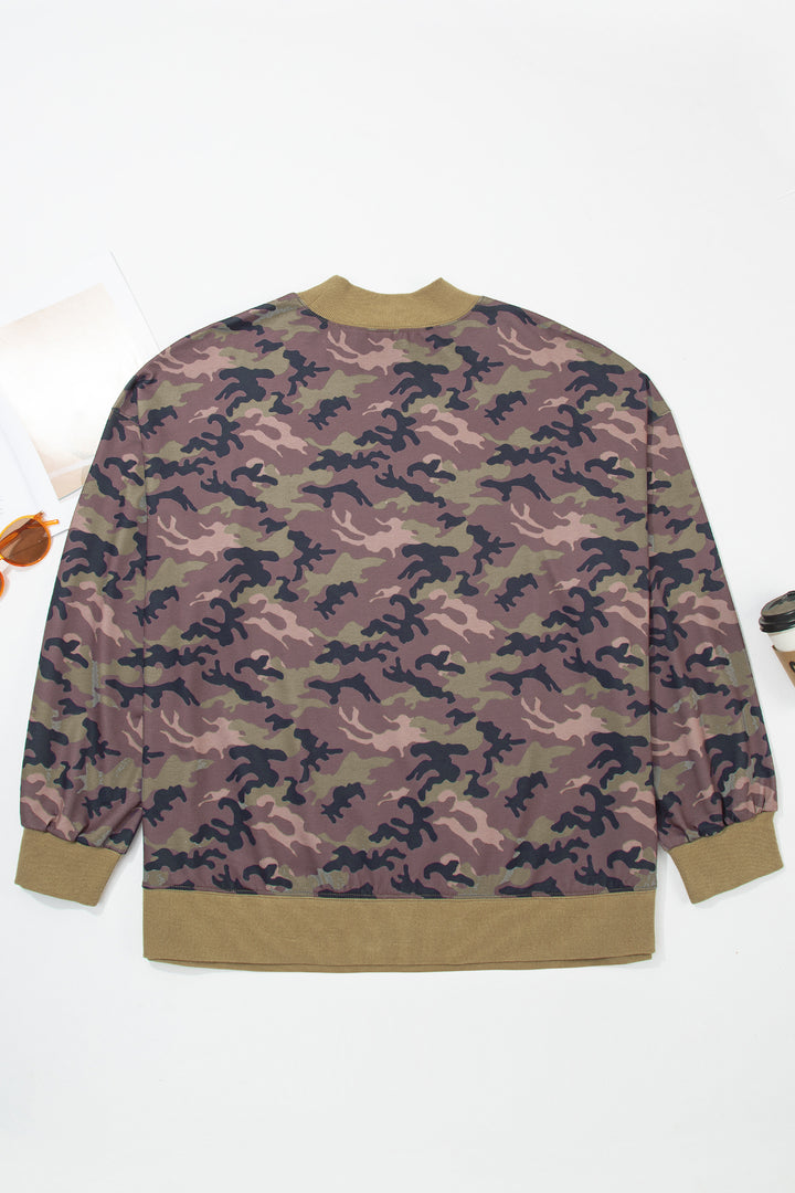 Green Camouflage Print High Neck Long Sleeve Oversized Shift Silhouette Tunic Length Plus Size Sweatshirt