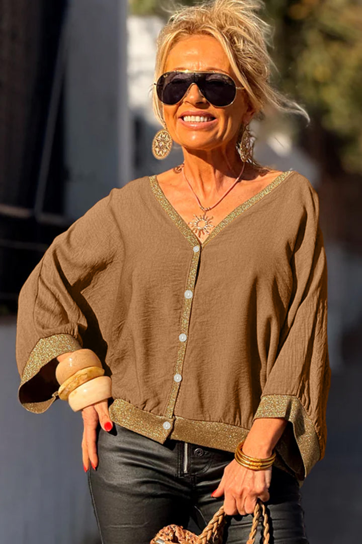 Brown V Neck Glitter Trim Patchwork Button-Front Blouse