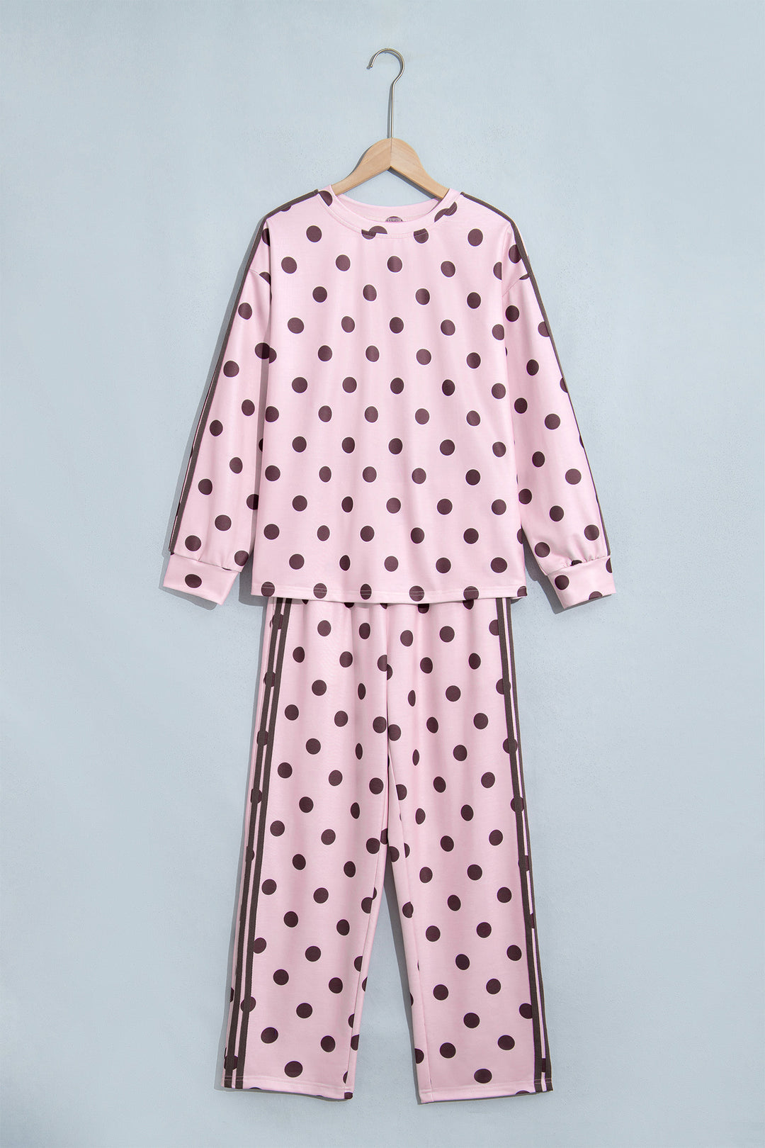 Pink Polka Dot Print Side Stripe Detail Long Sleeve Top Casual Pant Set