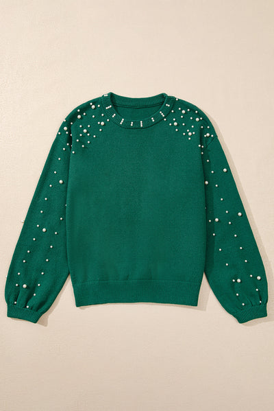 Evergreen Pearled Drop Shoulder Round Neck Sweater