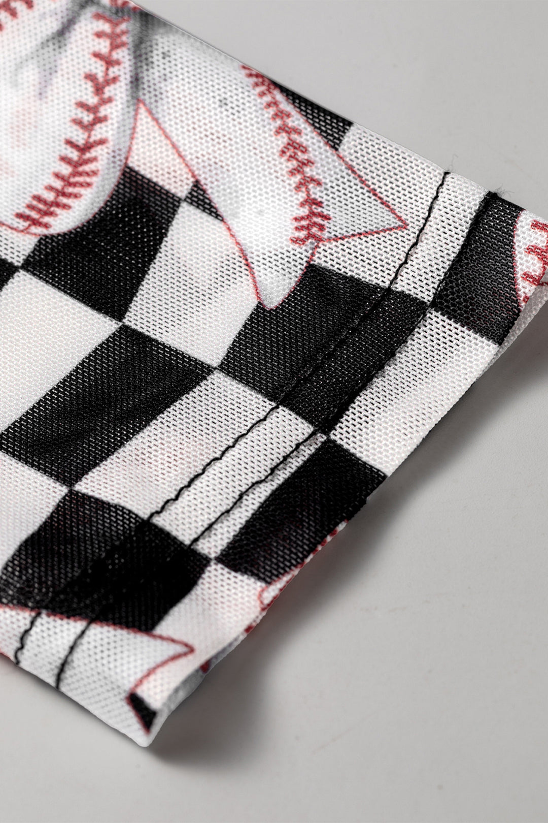 Black High Neck Plaid Baseball Bow Long Sleeve Mesh Top