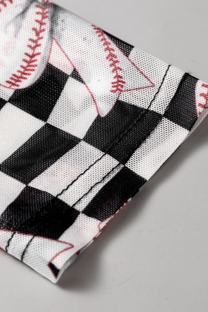 Black High Neck Plaid Baseball Bow Long Sleeve Mesh Top