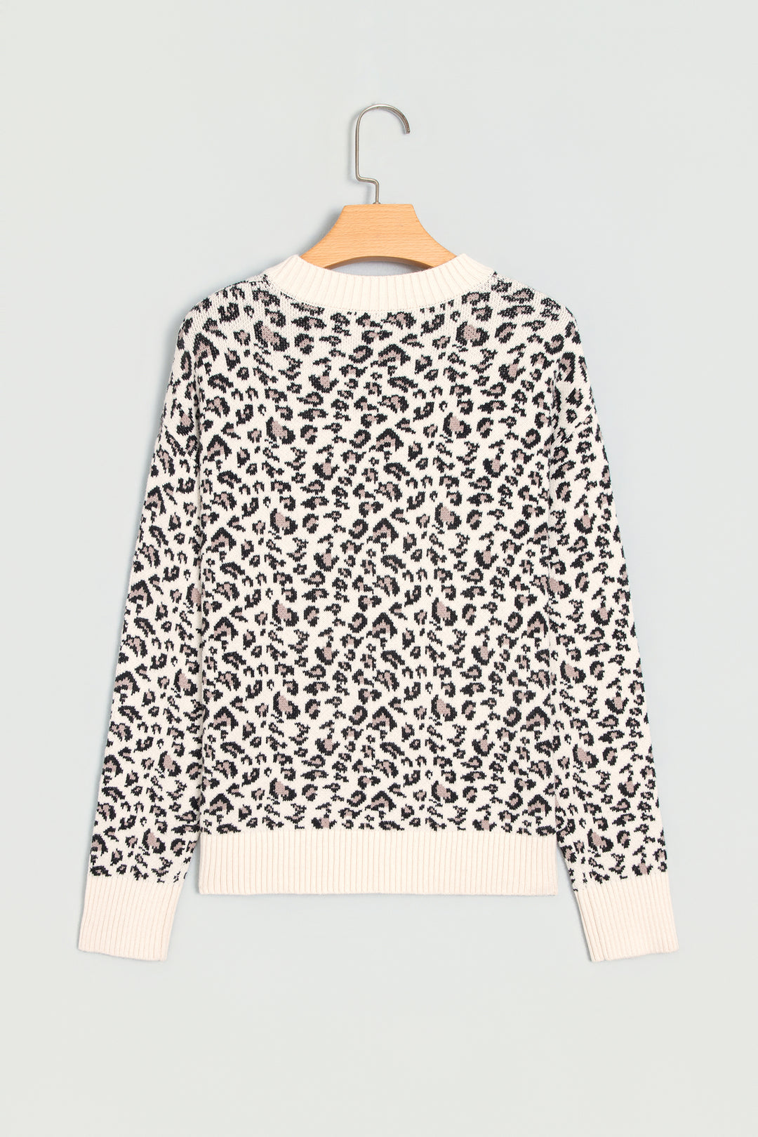 Beige Leopard Print Ribbed Color Block Trim Pullover Sweater