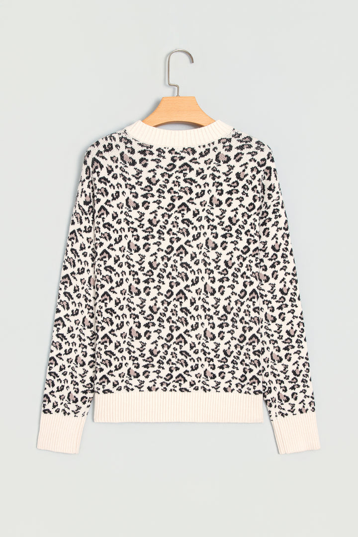Beige Leopard Print Ribbed Color Block Trim Pullover Sweater