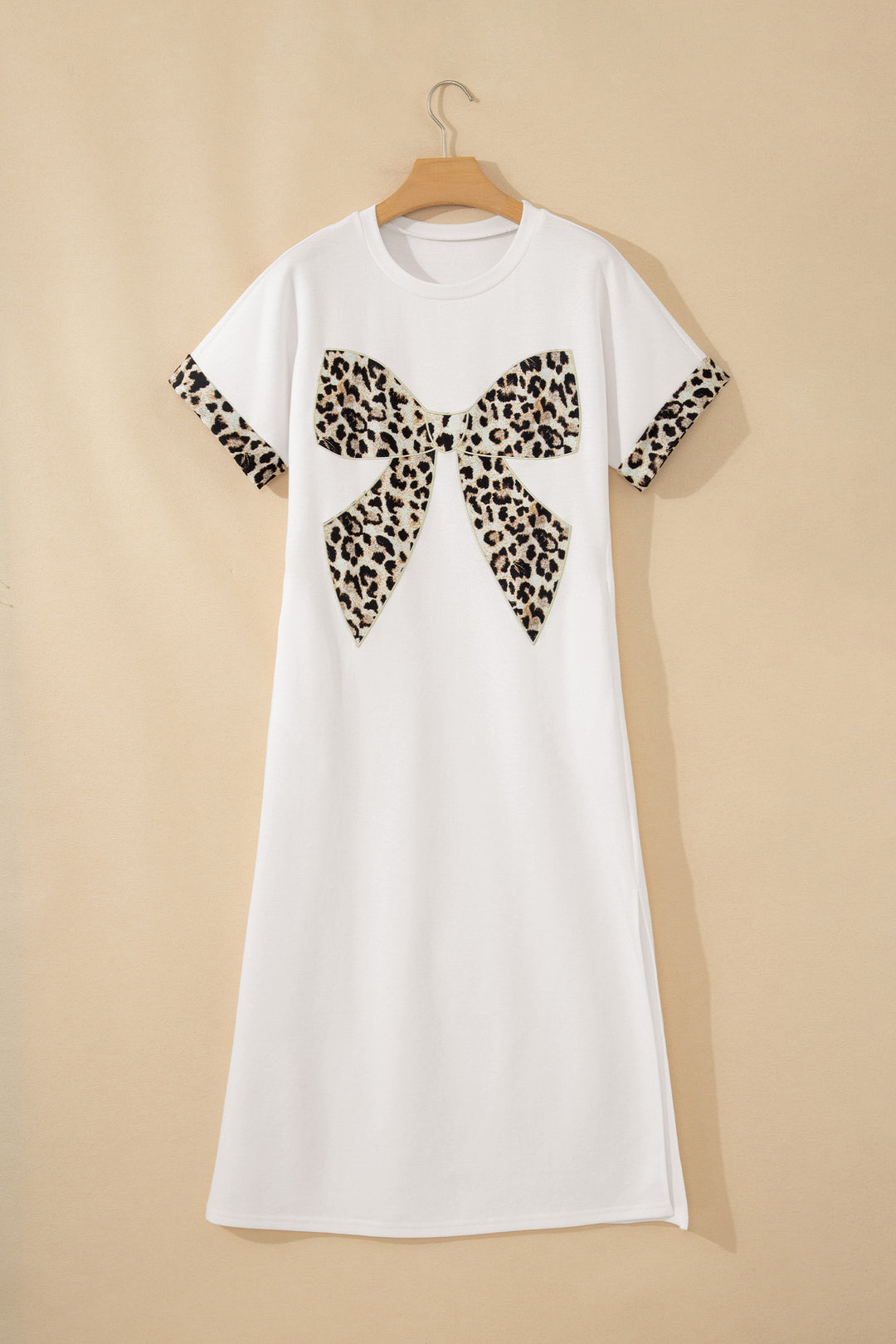 Dark Grey Contrast Leopard Bow Patched Short Sleeve T Shirt Long Dress