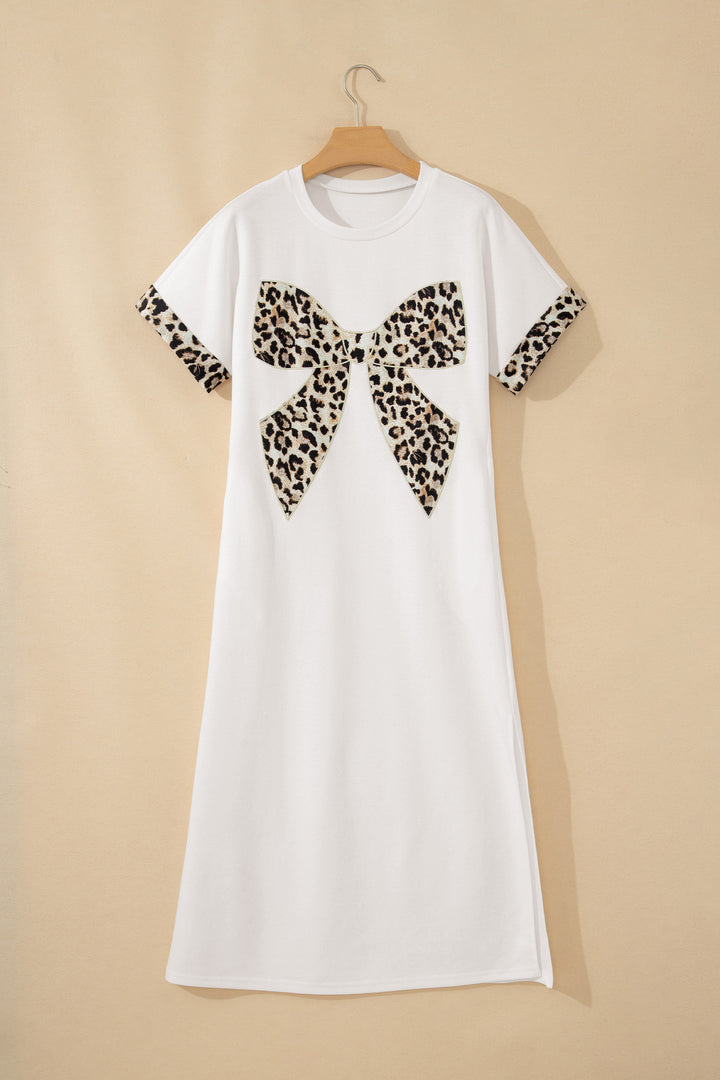 Dark Grey Contrast Leopard Bow Patched Short Sleeve T Shirt Long Dress