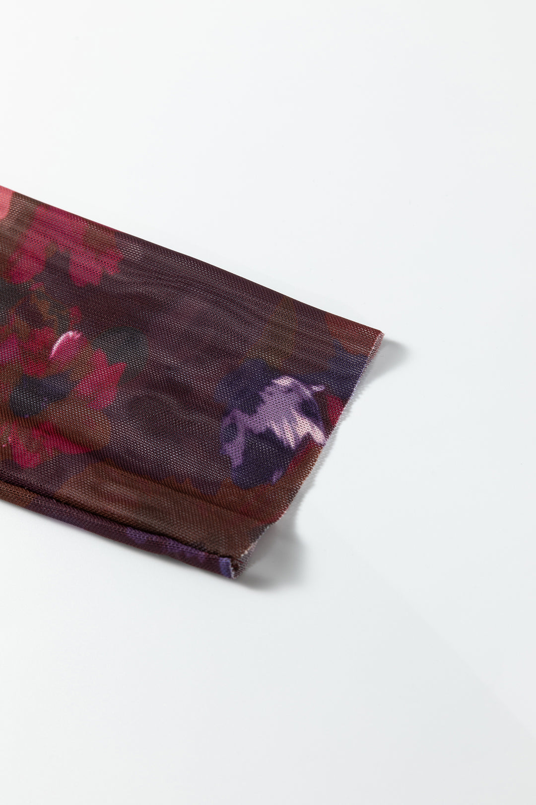 Brown High Neck Ruched Floral Mesh Top