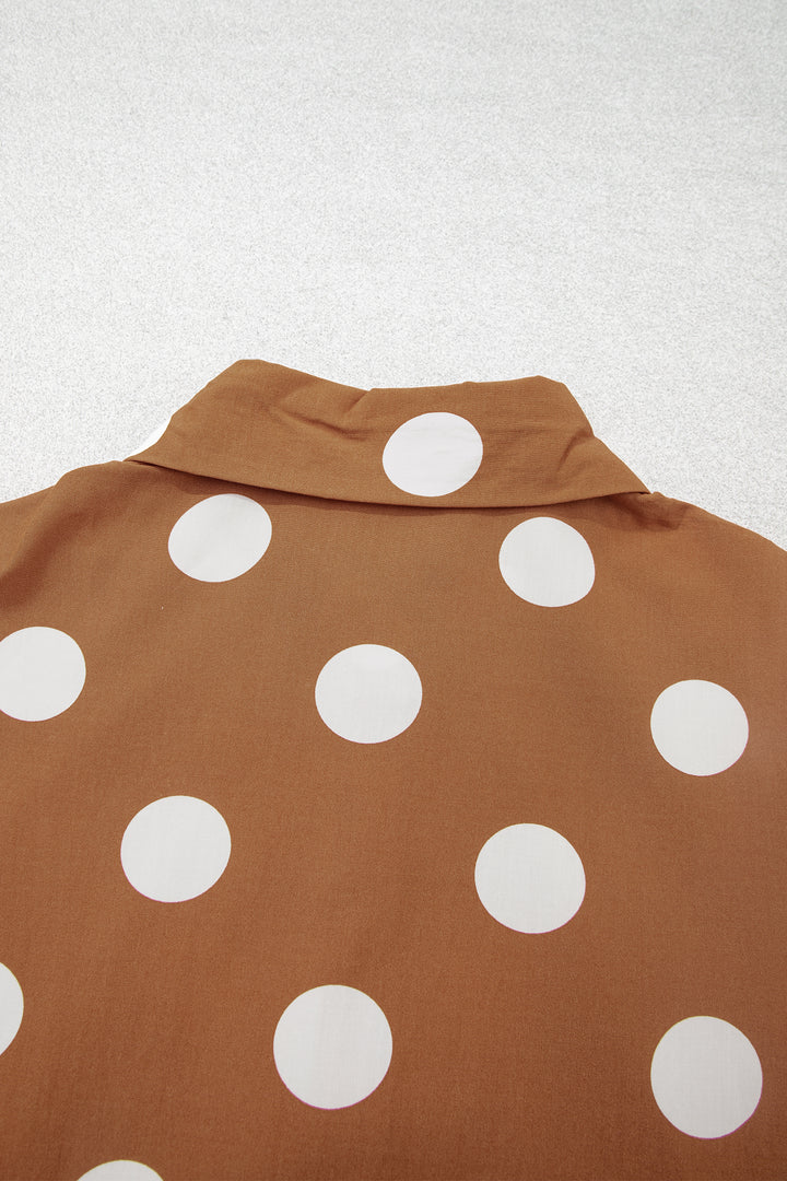 Brown Polka Dot Button Front Long Sleeve Shift Dress