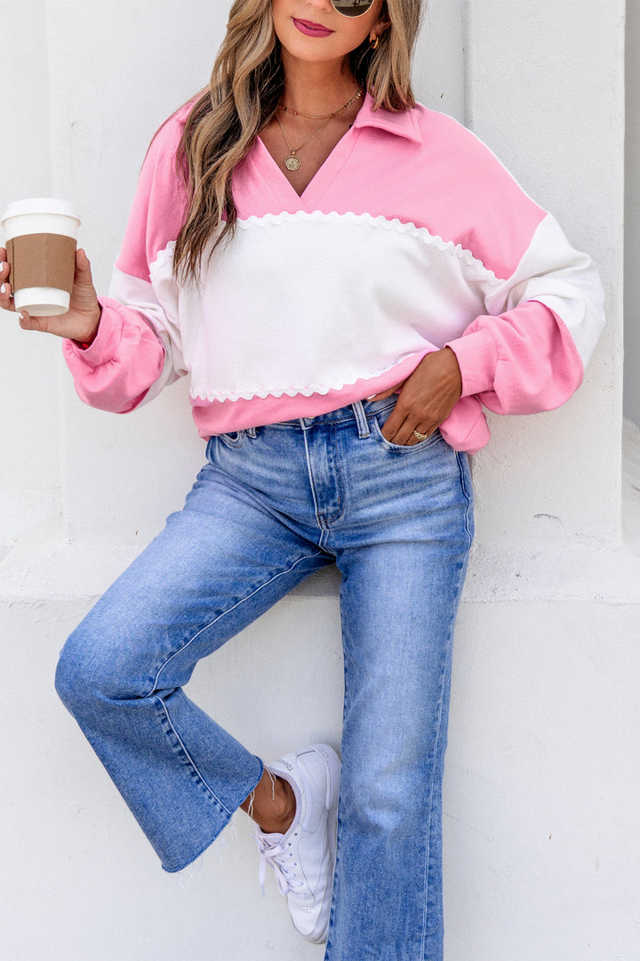 Rose Red Color Block Ricrac Trim Patchwork Collar V Neck Long Sleeve Top