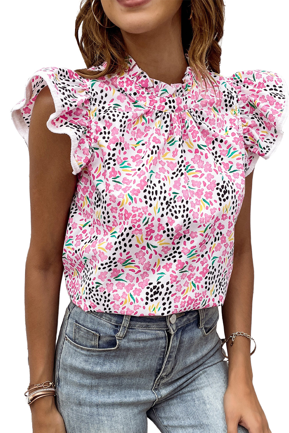 Pink Multicolor Abstract Print High Neck Flutter Sleeves Top