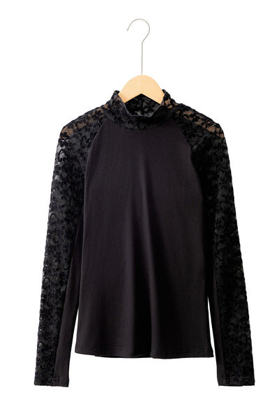 Black Floral Lace Patchwork Long Sleeve High Neck Slim Top