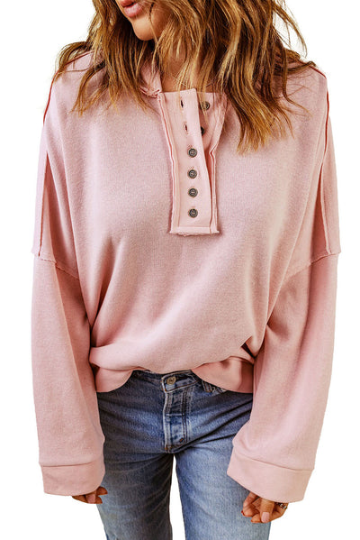 Pink Casual Button Solid Patchwork Trim Hoodie