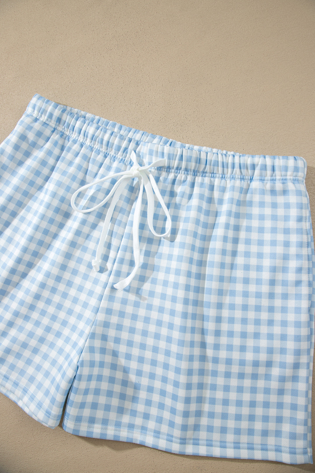 Sky Blue Gingham Loose Pullover Top Drawstring Shorts Plus Size Set